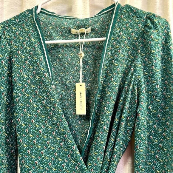 NWT Women’s Max Studio Crepe Long Sleeve Smocked Cuff Wrap Midi Dress Size S - Picture 3 of 11